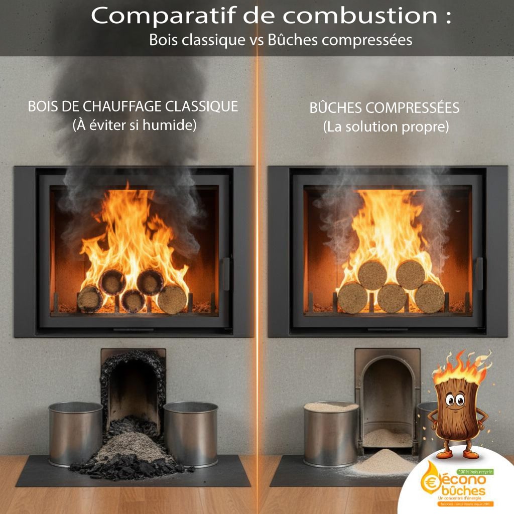 Comparaison visuelle entre bois classique humide et bûches compressées Écono’Bûches – combustion propre, rendement élevé, moins de fumée