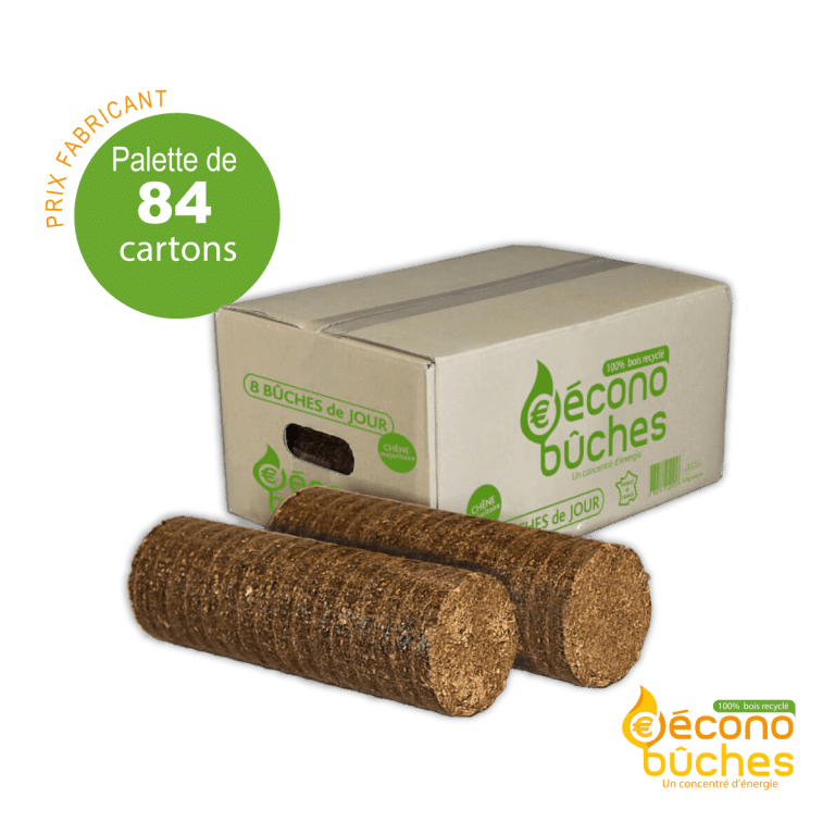 Palette de bûches compressées – 84 cartons, 8 bûches par carton