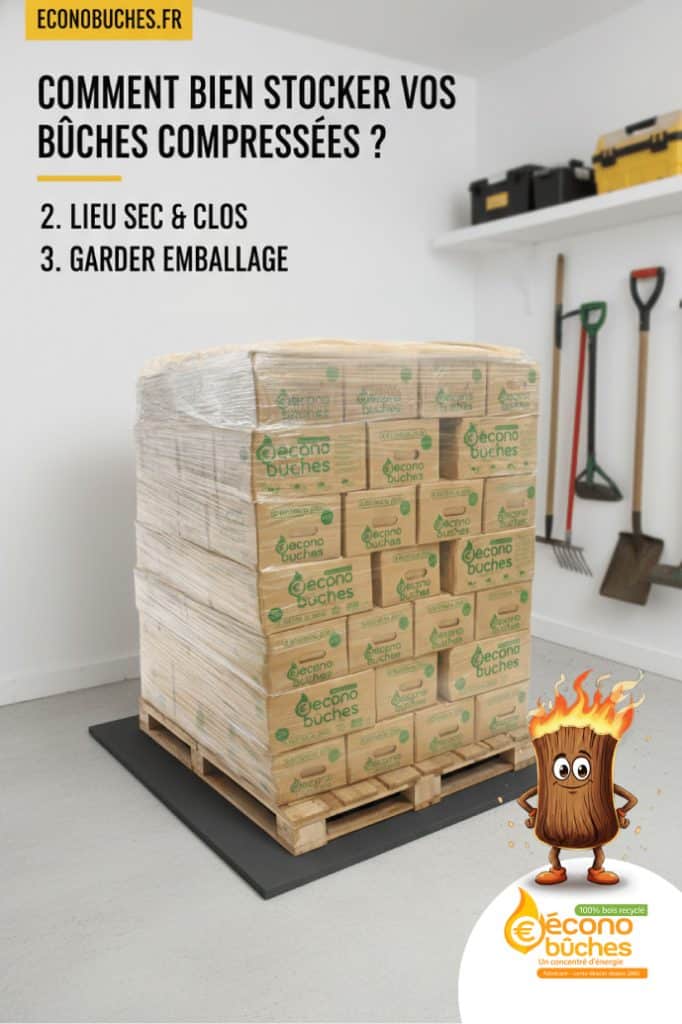 Palette de bûches compressées Econobûches stockée dans un garage sec sur une palette isolante pour un chauffage au bois optimal.