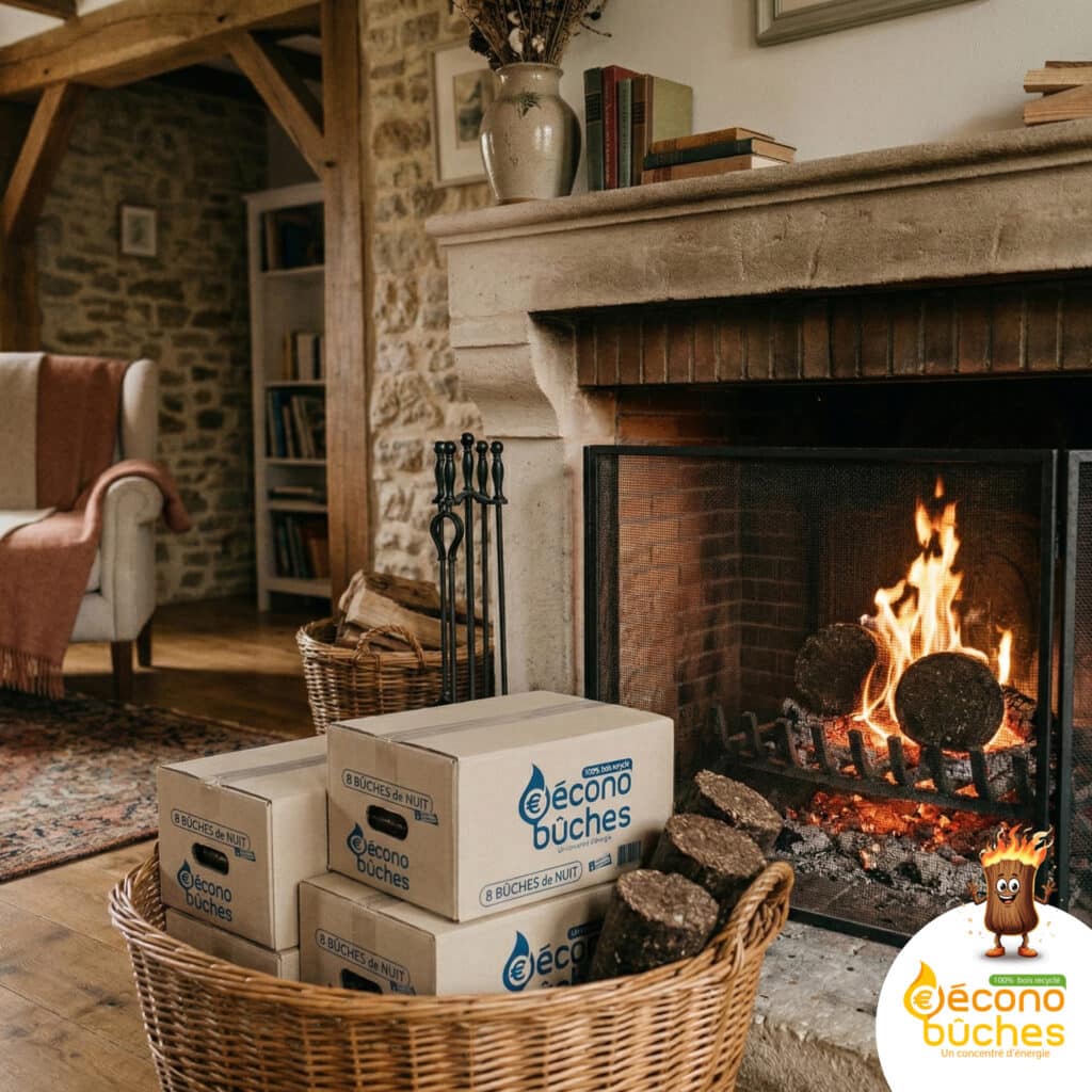 Bûches compressées feuillus empilées sur palette – bois de chauffage densifié haute performance