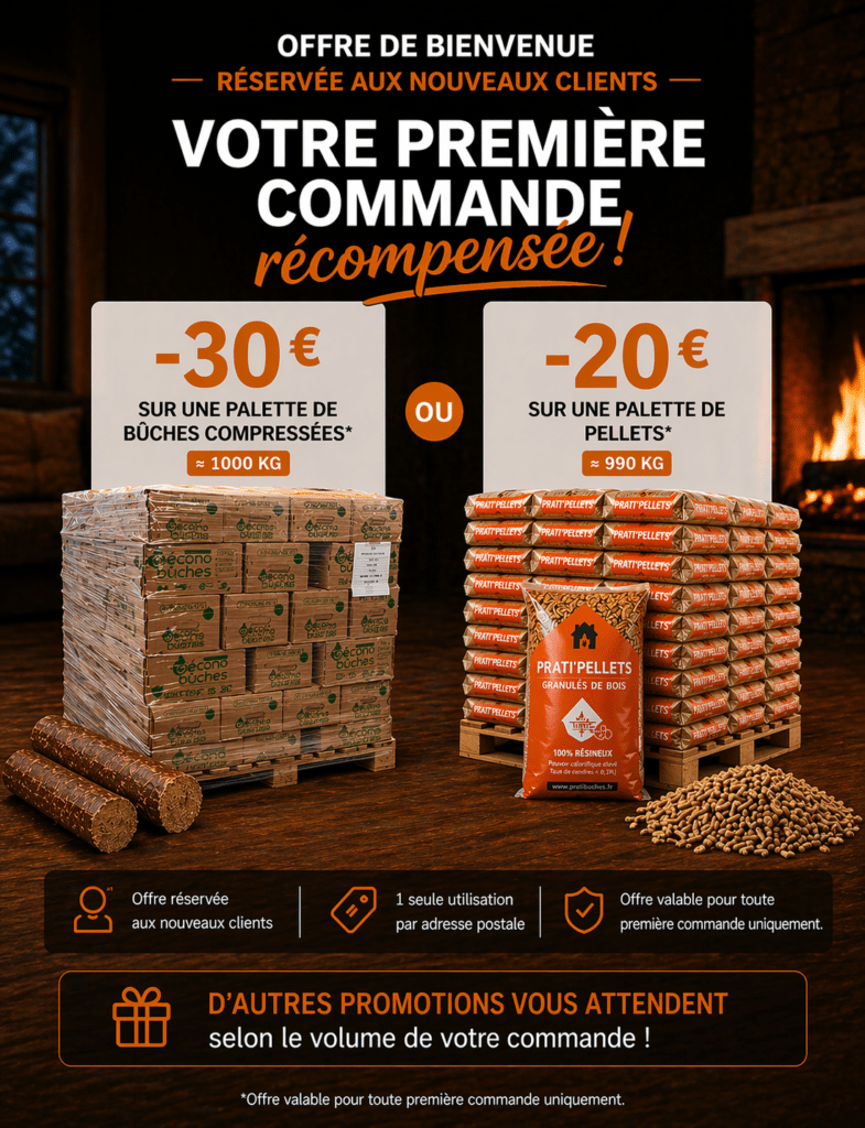 Offre de bienvenue nouveaux clients : -30€ sur palette de bûches compressées et -20€ sur palette de pellets Prati’Pellets