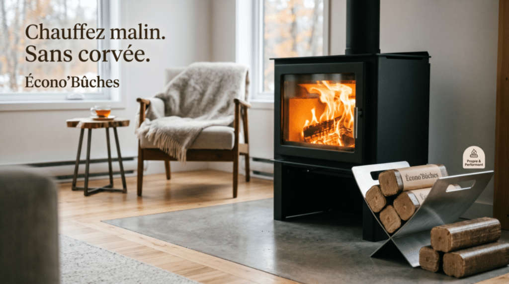 Bûches compressées Écono’Bûches empilées proprement dans un panier design à côté d'un poêle à bois moderne allumé dans un salon cosy