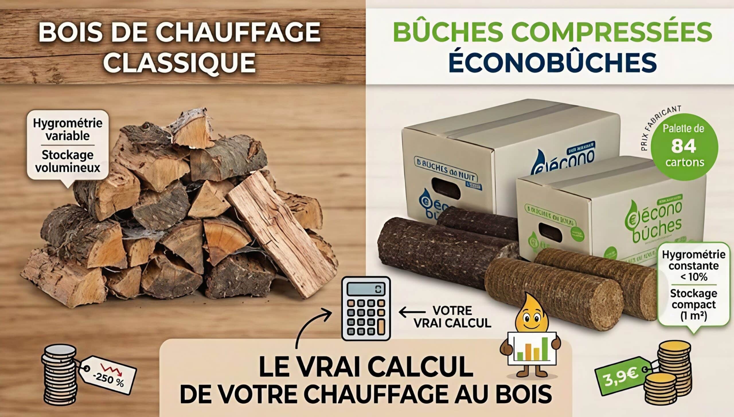 Comparatif entre un stère de bois de chauffage classique humide et une palette de bûches compressées Écono'Bûches avec l'inscription Le vrai calcul de votre chauffage au bois.