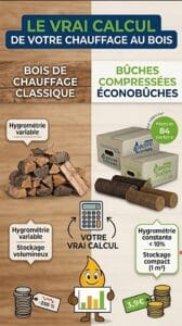 Comparatif entre un stère de bois de chauffage classique humide et une palette de bûches compressées Écono'Bûches avec l'inscription Le vrai calcul de votre chauffage au bois.
