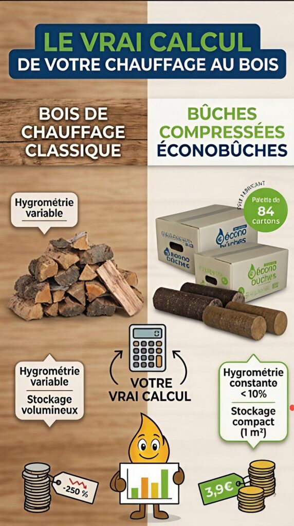 Comparatif entre un stère de bois de chauffage classique humide et une palette de bûches compressées Écono'Bûches avec l'inscription Le vrai calcul de votre chauffage au bois.