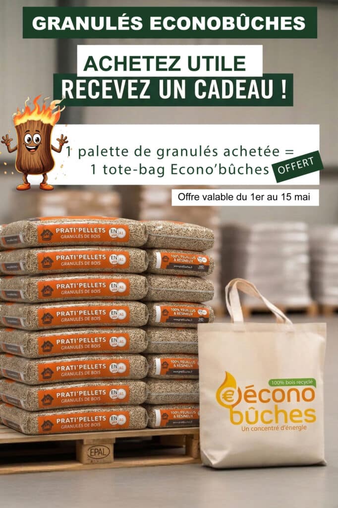 promotion granulés Econo’Bûches avec palette de pellets Prati’Pellets et tote-bag offert du 1er au 15 mai en Bretagne historique.