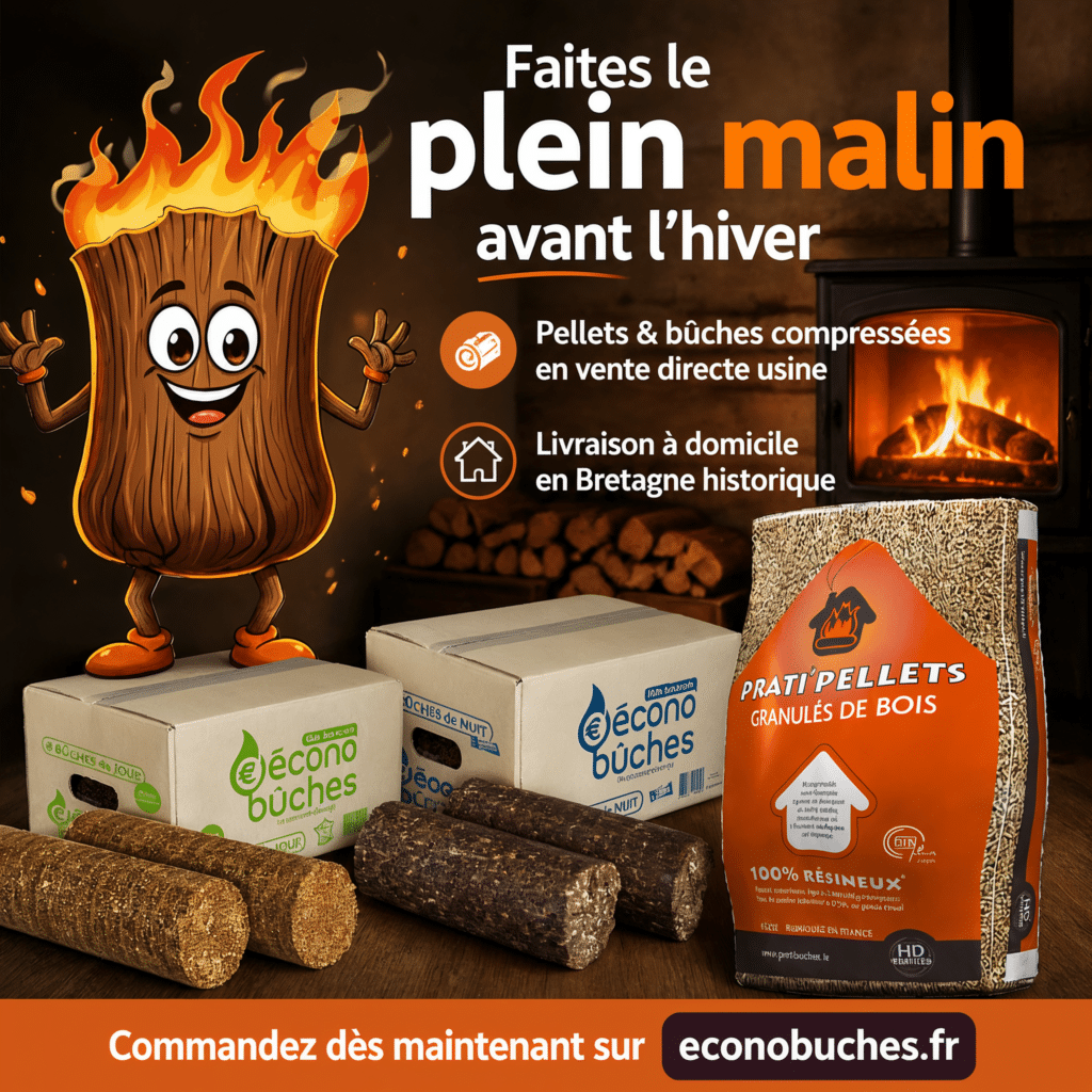 Faites le plein malin avec les pellets et bûches compressées Écono’Bûches livrés en Bretagne historique