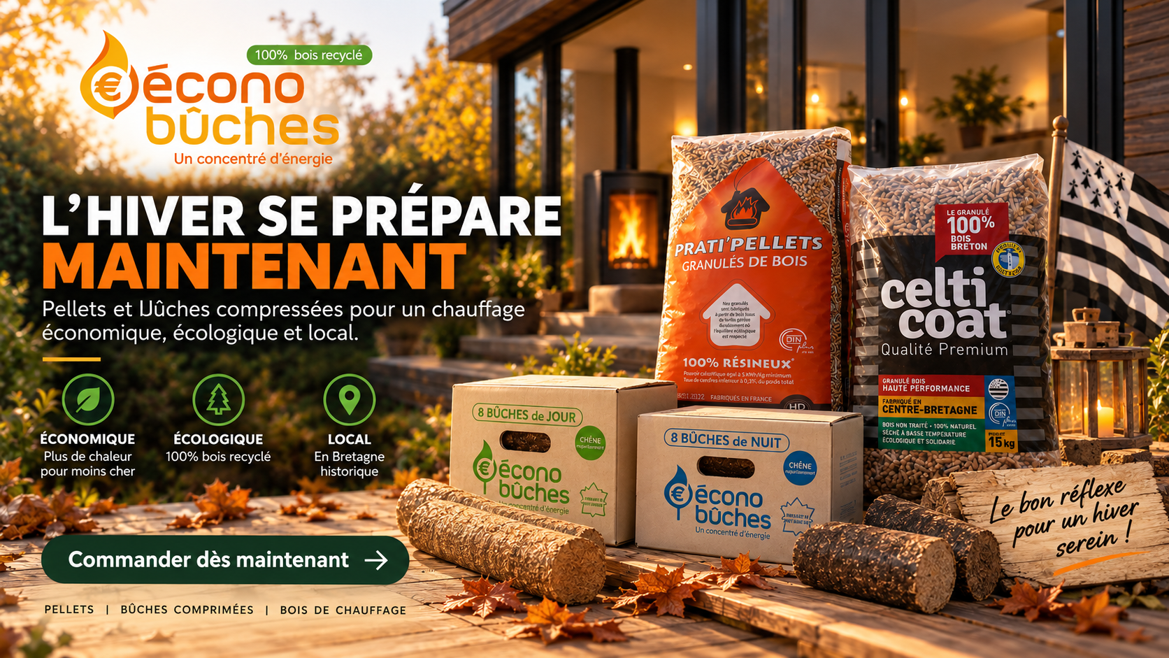 Pellets Prati’Pellets, Celticoat et bûches compressées Econo’Bûches pour préparer l’hiver en Bretagne